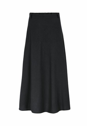 Černá sukně áčkového střihu z měkké látky, s prošitou pasovkou a volným střihem. Okraj sukně je mírně zaoblený.