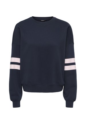 Felpa blu navy a maniche lunghe con due strisce orizzontali rosa chiaro su ciascun braccio superiore e polsini e orlo a costine.