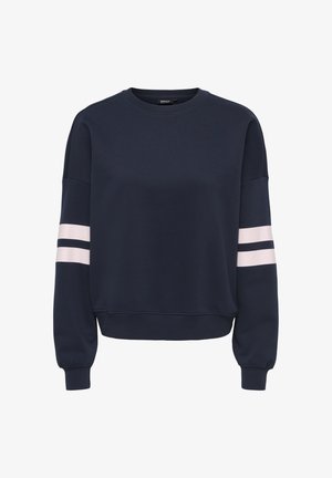 Felpa blu navy a maniche lunghe con due strisce orizzontali rosa chiaro su ciascun braccio superiore e polsini e orlo a costine.