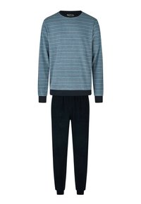 Haut à manches longues rayé bleu et gris avec col et poignets noirs, associé à un pantalon de jogging noir uni à taille élastique.