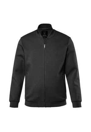 Schwarze Bomberjacke mit Reißverschluss, mit geripptem Kragen, Bündchen und Saum, seitlichen Taschen und einer glatten Stoffstruktur.