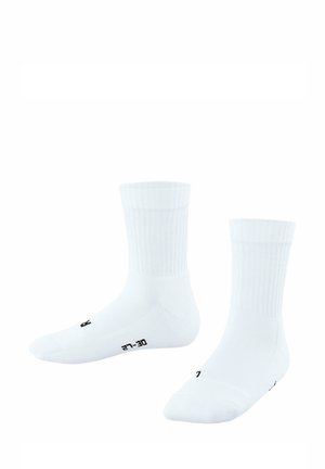 Weiße Baumwollsocken mit gerippten Bündchen, einer glatten Textur und schwarzen gedruckten Größenangaben an der Unterseite. Knöchelhöhe.
