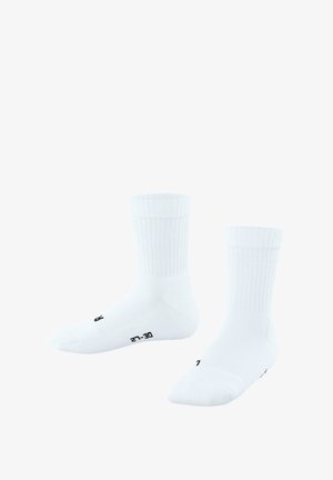 Weiße Baumwollsocken mit gerippten Bündchen, einer glatten Textur und schwarzen gedruckten Größenangaben an der Unterseite. Knöchelhöhe.