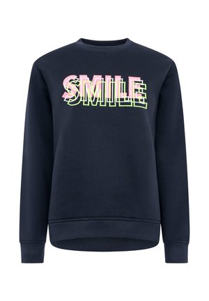 Navy blue sweatshirt featuring a bold "SMILE" graphic in pink and neon green, with a round neckline and ribbed cuffs and hem.