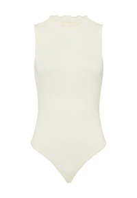 Vit ärmlös bodysuit med hög halsringning, med en volangkant, tillverkad av elastiskt ribbat material, med en figurnära silhuett.