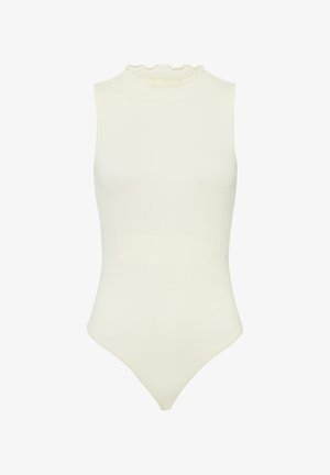 Hvid ærmeløs bodysuit med høj hals, prydet med en flæse, lavet af strækbart ribbet materiale, med en tætsiddende silhuet.