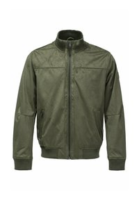 Olivno zelena bomberska jakna iz mehkega, teksturiranega blaga. Ima visok ovratnik, zadrgo in dva stranska žepa s rebrastimi manšetami.