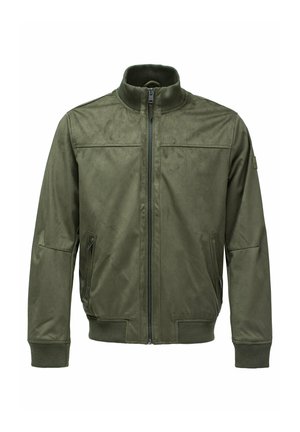 Chaqueta bomber de color verde oliva hecha de una tela suave y texturizada. Presenta un collar alto, cierre de cremallera y dos bolsillos laterales con puños de canalé.