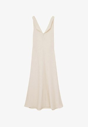 Kremowa sukienka bez rękawów z głębokim dekoltem w kształcie V, rozkloszowaną spódnicą i gładką fakturą, wyróżniająca się minimalistycznym wzornictwem.