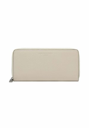 Beige leather zip-around wallet with textured surface and subtle embossed brand name on front center.