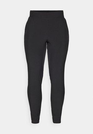 Schwarze Sportleggings aus dehnbarem, glattem Stoff. Hoher Bund mit Seitentaschen, taillierte Passform, keine sichtbaren Muster oder Akzente.