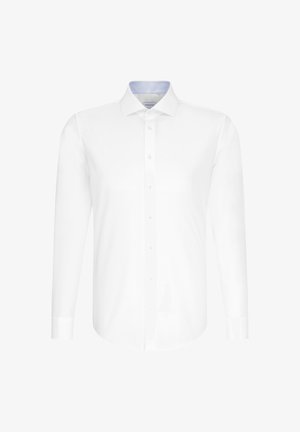 Weißes langärmliges Hemd mit Knopfleiste, klassischem Kragen und gestreiftem Innenkragen-Detail auf einfarbigem Hintergrund.