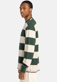 Long-sleeve striped shirt featuring green and beige horizontal stripes, a crew neckline, and side slits at the hem. Smooth fabric texture.