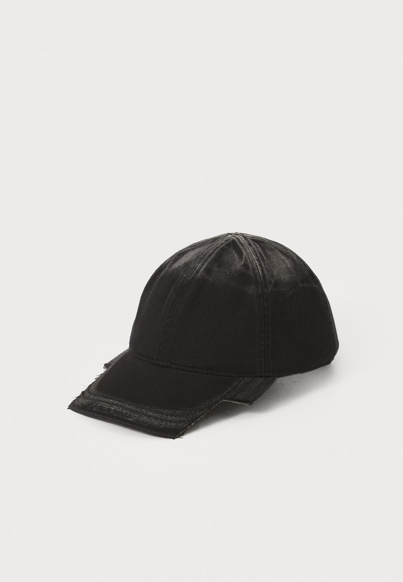 Black cap made from denim with a structured design, featuring a curved brim and visible stitching on the crown and brim edges.
