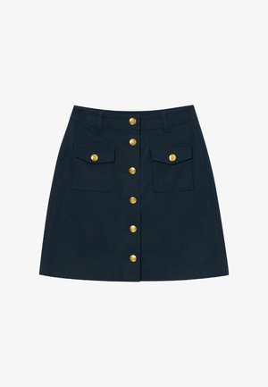 Navyblauwe katoenen rok met een voorste knoopsluiting, twee voorzakken met gouden knopen en een aansluitend ontwerp.