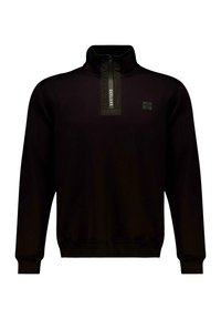 Zwarte pullover sweatshirt met hoge kraag, half-rits voorkant en contrasterend textuurpaneel. Kenmerkt zich door een klein logo-embleem op de borst.