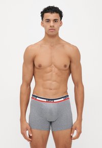 Γκρι μποξεράκια με λογότυπο στη μέση που διαθέτει μπλε και κόκκινες ρίγες. Μαλακό ύ�φασμα, εφαρμοστή σχεδίαση και ειδική θήκη υποστήριξης μπροστά.