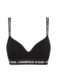 Black bralette featuring a v-neck design, adjustable straps with "KARL LAGERFELD" branding, and a soft, stretchy fabric.