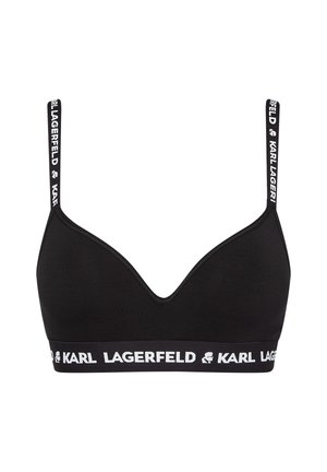 Schwarzer Bralette mit V-Ausschnitt, verstellbaren Trägern mit "KARL LAGERFELD" Branding und einem weichen, dehnbaren Stoff.