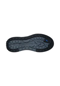 Suela de zapato de goma negra y gris que presenta ranuras profundas, patrones texturizados y un pequeño detalle azul con la marca "SKECHERS".