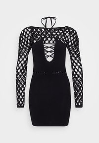 Abito nero con lunghe maniche intrecciate che presentano un design a griglia, una profonda scollatura a V e dettagli a taglio lungo la vita.