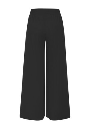 Black wide-leg pants with elastic waistband, smooth fabric, and a loose, flowing fit, shown against a white background.