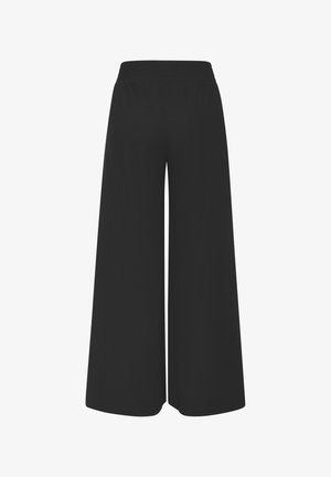 Black wide-leg pants with elastic waistband, smooth fabric, and a loose, flowing fit, shown against a white background.