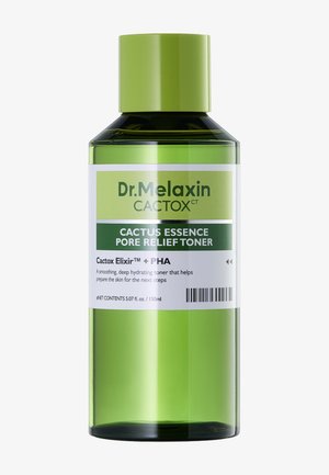 Botella de plástico verde con tapa verde etiquetada Dr. Melaxin CACTOX Esencia de Cactus Tónico para Alivio de Poros, 150 ml para hidratación profunda y alisado de la piel.