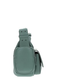 Borsa a spalla in ecopelle verde con tracolla regolabile, singolo scomparto principale e tasca laterale aggiuntiva con chiusura a zip.