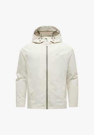 Lichtbeige capuchonjas met ritssluiting aan de voorkant en verstelbare trekkoorden, voorzien van een subtiel "ragwear" logo op de borst.