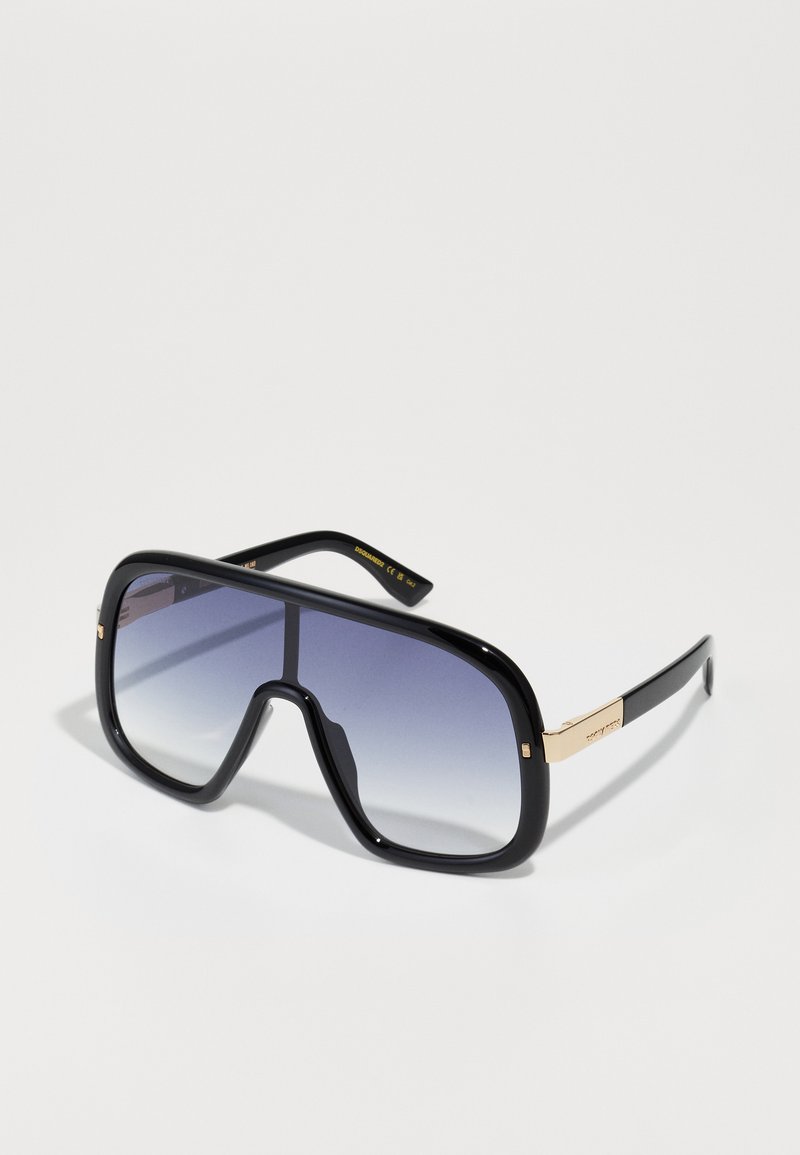 Oversized black sunglasses with a gradient purple lens, glossy finish, and gold accents on the temple. Rectangular frame shape.