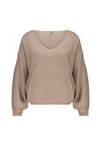 Pull en tricot beige avec un décolleté en V, des manches larges et des boutons décoratifs aux poignets. Texture douce avec un subtil motif côtelé.