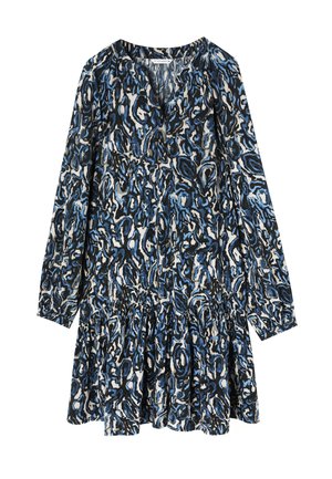 Abito a maniche lunghe con scollatura a V, caratterizzato da un motivo vorticoso blu, nero e bianco e una vita arricciata per una silhouette svasata.