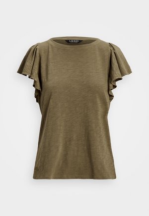 T-shirt manches courtes vert olive avec manches volantées, col rond, fabriqué à partir d'un tissu léger avec une texture subtile et une finition douce.