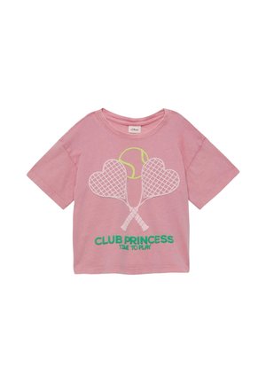 Rosa Kleinkind-T-Shirt mit gekreuzten Tennisschlägern, einem Tennisball und grünem Text "CLUB PRINCESS TIME TO PLAY" auf der Vorderseite.
