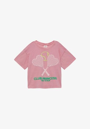 Rosa Kleinkind-T-Shirt mit gekreuzten Tennisschlägern, einem Tennisball und grünem Text "CLUB PRINCESS TIME TO PLAY" auf der Vorderseite.