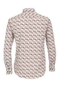 Long-sleeve shirt with a white base, featuring a multicolored floral and geometric pattern, button-down collar, and curved hem.