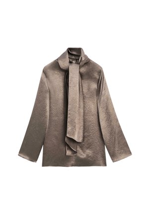 Langärmlige Bluse aus metallisch taupefarbenem Stoff mit weicher Textur. Verfügt über einen großen Schleifenkragen und ein lässiges Schnittdesign.