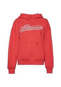 Rød hettegenser laget av bomullsblanding, med snøring i hetta, framlomme og hvit, pyntet logo "99 Rocawear" over brystet.