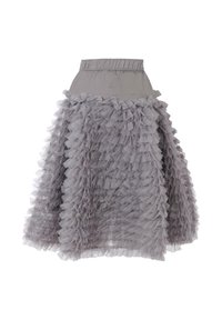 Gonna in tulle grigia con rouches sovrapposte, vita elastica e design che arriva al ginocchio. Tessuto leggero e arioso con una silhouette fluida.
