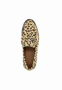 Single leopard-print loafer with furry texture, rounded toe, and brown leather insole against white background.