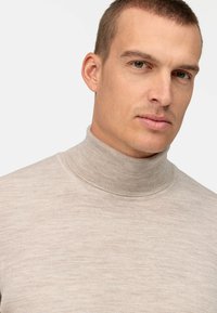Heller beigefarbener Rollkragenpullover aus einem weichen, strukturierten Strickstoff, mit hohem Kragen und eng anliegendem Design.