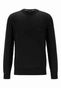Schwarzer Rundhalsausschnittpullover aus weichem Material, mit langen Ärmeln sowie gerippten Bündchen und Saum. Dezent platziertes Logo auf der Brust.