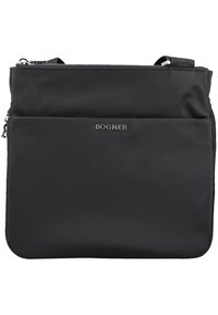 Borsa a tracolla in nylon nero con una texture liscia, dotata di chiusura a zip, tasca frontale e dettaglio del logo impresso.