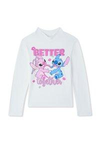 Biała koszula z długim rękawem z różowymi i niebieskimi postaciami z kreskówek trzymającymi serce, otoczonymi różowymi ustami oraz napisem "Lepiej razem" z przodu.