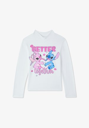 Biała koszula z długim rękawem z różowymi i niebieskimi postaciami z kreskówek trzymającymi serce, otoczonymi różowymi ustami oraz napisem "Lepiej razem" z przodu.