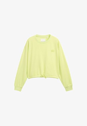 Hellgrünes, kurz geschnittenes Sweatshirt mit langen Ärmeln, gerippter Textur und geknotetem Kordelzug am Saum. Mit "Hi!" auf der Brust gestickt.