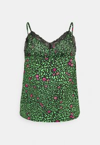 Zelený květovaný top s černou krajkovou lemovkou. Obsahuje živé růžové a fialové květy na texturovaném vzoru. Nastavitelné úzké ramínka.