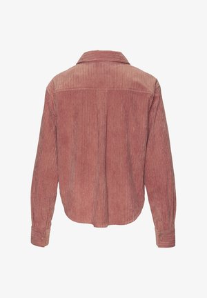 Langärmeliges Cordhemd in Staubrosa mit geknöpften Manschetten und geradem Saum, Rückansicht auf weißem Hintergrund.