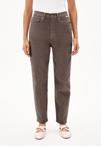 Gray corduroy pants with a straight-leg fit, five pockets, and a button closure. Smooth texture with minimal stitching details.